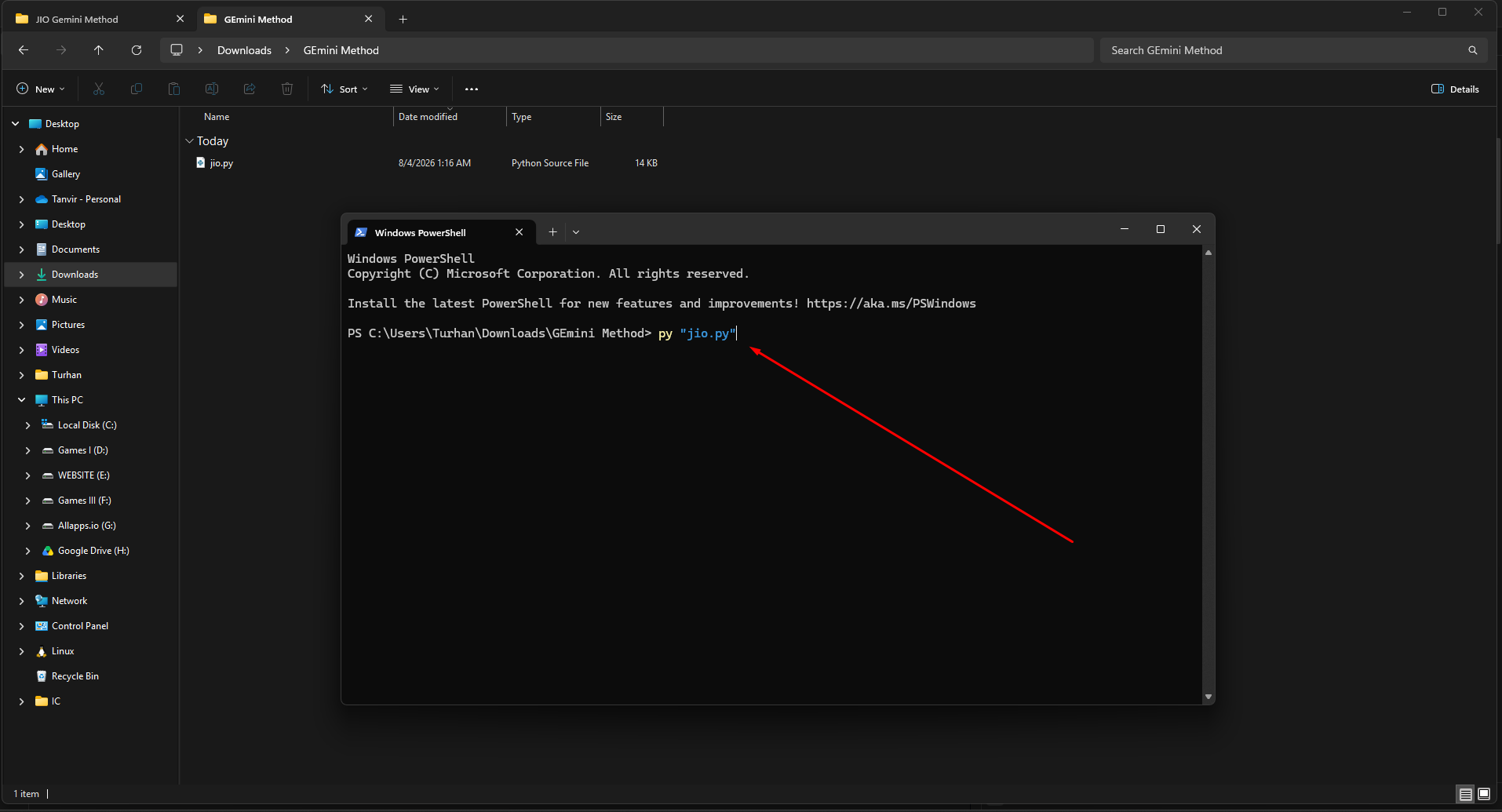 Run the script with py jio.py