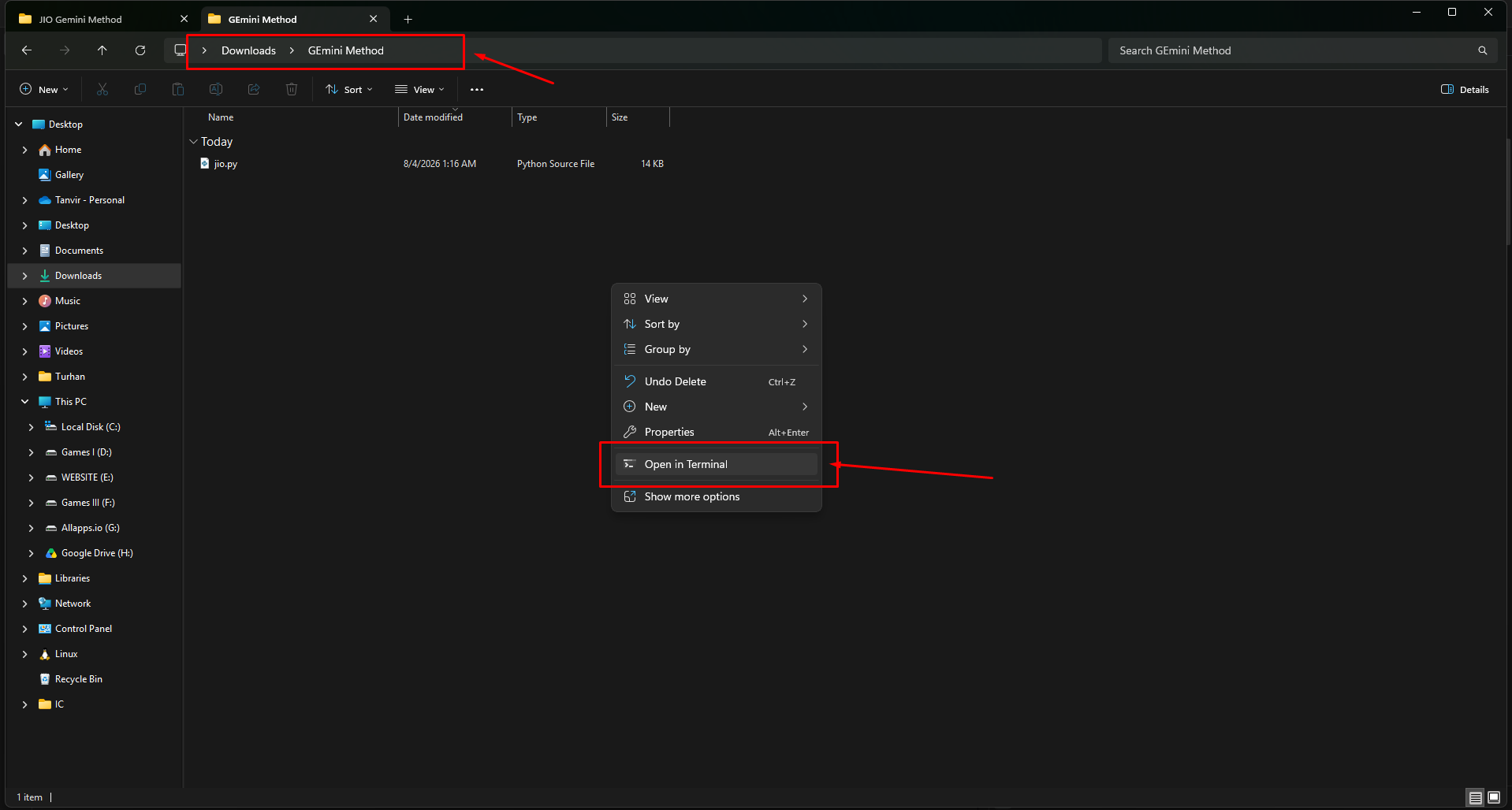Right-click inside the folder and choose Open in Terminal