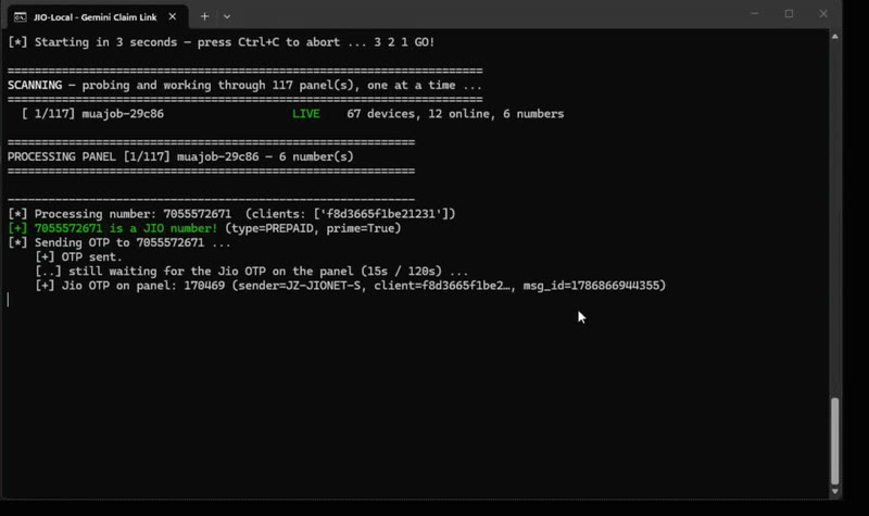 Screenshot of the automated Gemini claim script output